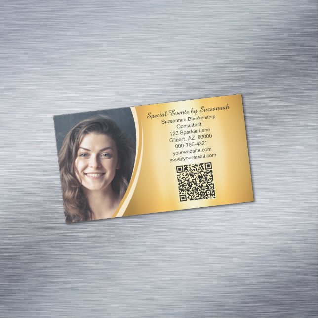 Cartão De Visitas Magnético Código QR de Fotografia Personalizada Flare Dourad (Posição Original)