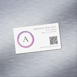 Cartão De Visitas Magnético Código QR Monograma Rosa e Roxo Moderno