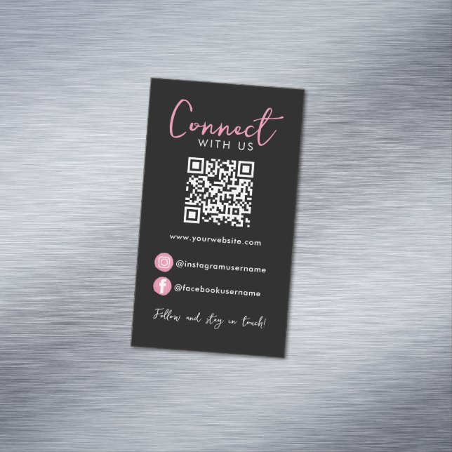 Cartão De Visitas Magnético Código QR profissional preto rosa conectado conosc (Posição Original)