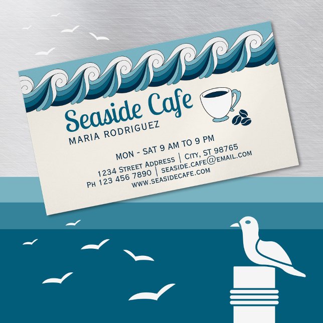 Cartão De Visitas Magnético Companhia decorativa de ondas do oceano penteadas  (For any seaside company, just replace the coffee cup and beans with your own logo.)