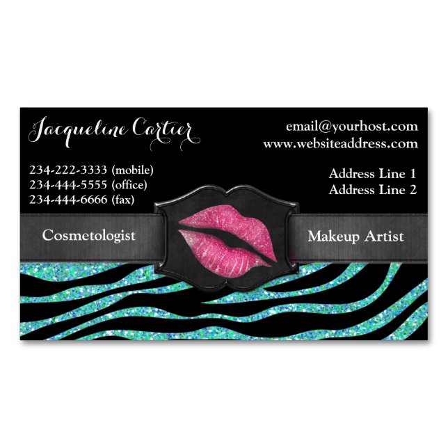 Cartão De Visitas Magnético Cosmetólogo Elegante Aqua Zebra Glitter Kiss (Frente)