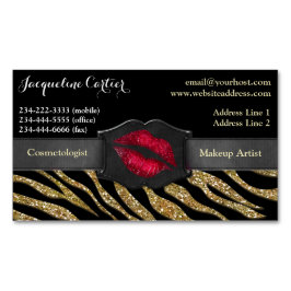 Cartão De Visitas Magnético Cosmetólogo Elegante Dourado Zebra Glitter Kiss