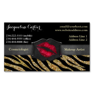 Cartão De Visitas Magnético Cosmetólogo Elegante Dourado Zebra Glitter Kiss