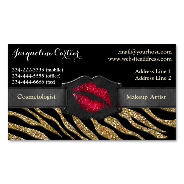 Cartão De Visitas Magnético Cosmetólogo Elegante Dourado Zebra Glitter Kiss (Frente)