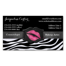 Cartão De Visitas Magnético Cosmetólogo Elegante White Zebra Glitter Kiss