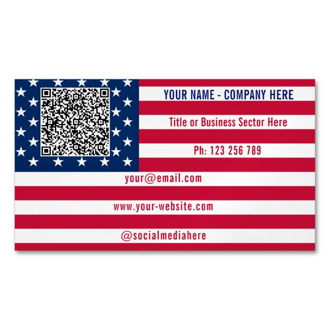 Cartão De Visitas Magnético Create Your Own Design QR Code American Flag (Frente)