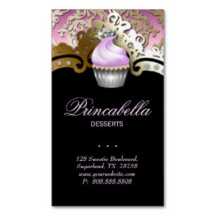 Cartão De Visitas Magnético Cupcake Bakery Elegante Damask Purple Dourado