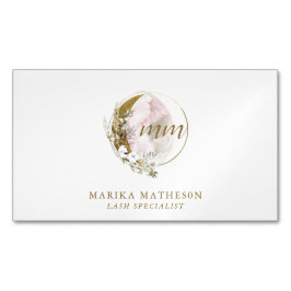 Cartão De Visitas Magnético Dourado Rosa Blush Monograma Celestial de Aquarela