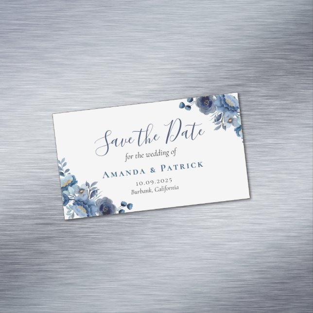 Cartão De Visitas Magnético Dusty Blue Marinho Ivory Floral Casamento Salvar D (Posição Original)