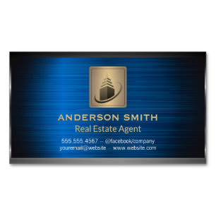 Cartão De Visitas Magnético Edifício Sky Scraper   Fundo Metálico Azul