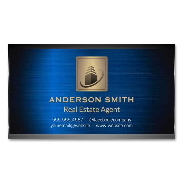 Cartão De Visitas Magnético Edifício Sky Scraper | Fundo Metálico Azul (Frente)