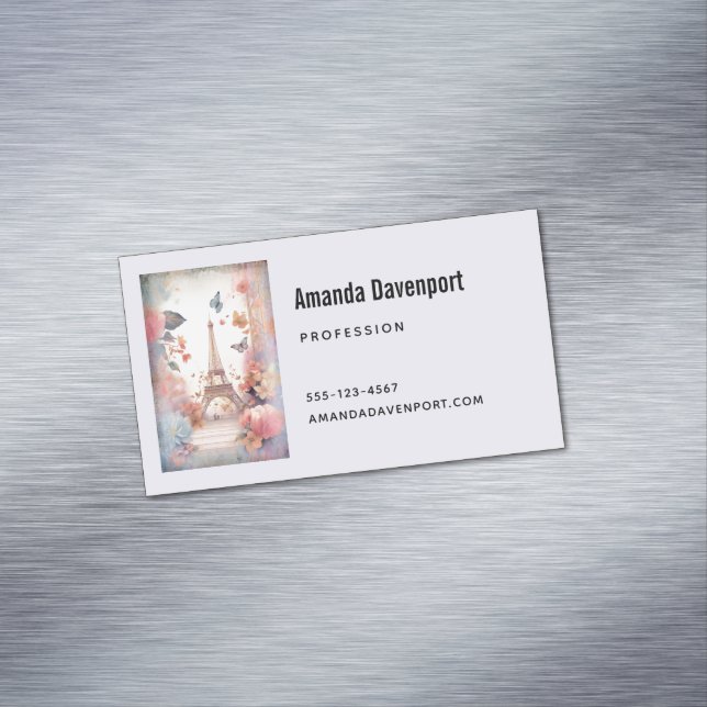 Cartão De Visitas Magnético Eiffel Tower Butterflies and Flowers (Posição Original)
