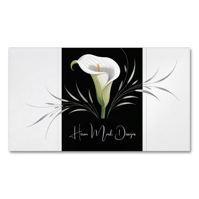 Cartão De Visitas Magnético Elegant Calla Lily Black and White Silver Swirl (Frente)
