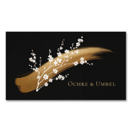 Cartão De Visitas Magnético Elegant Cherry Blossom Gold Brushstroke Black