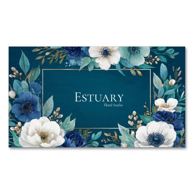 Cartão De Visitas Magnético Elegant Navy Blue White Anemone Teal Gold Frame (Frente)