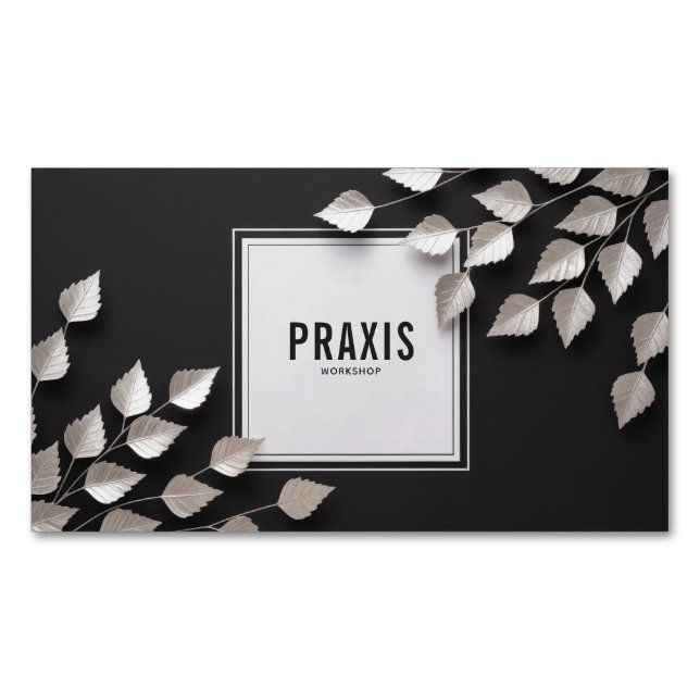 Cartão De Visitas Magnético Elegant Silver Leaf Branch Minimalist Black (Frente)