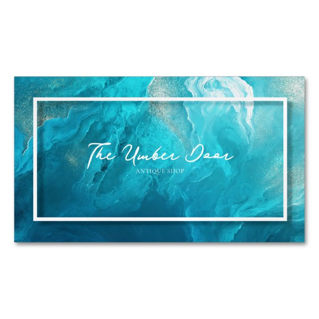 Cartão De Visitas Magnético Elegant Teal Blue Ocean Wave Fluid Art Gold (Frente)