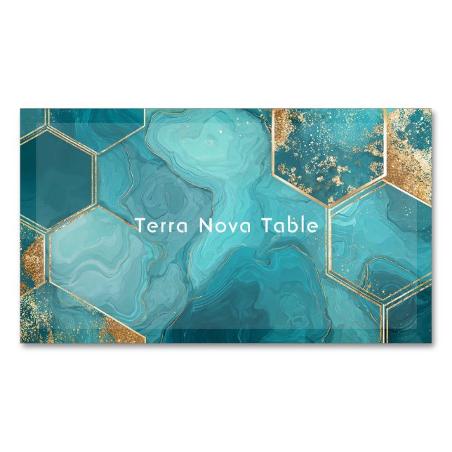 Cartão De Visitas Magnético Elegant Teal Gold Hexagon Geometric Liquid Marble (Frente)