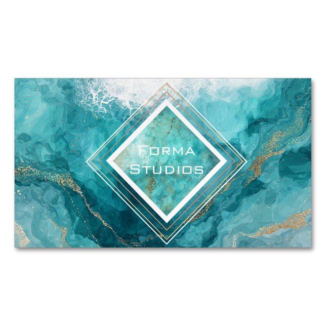 Cartão De Visitas Magnético Elegant Teal Gold Ocean Wave Liquid Marble (Frente)