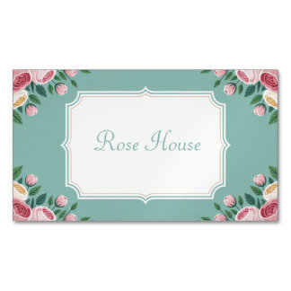Cartão De Visitas Magnético Elegant Vintage Pink Rose Floral Teal Green