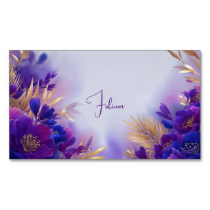 Cartão De Visitas Magnético Elegante Aquarela Floral Roxo Dourado