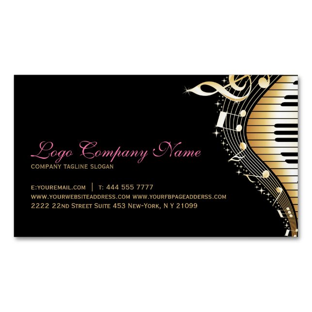 Cartão De Visitas Magnético Elegante Black And Dourado Music Notes Design (Frente)