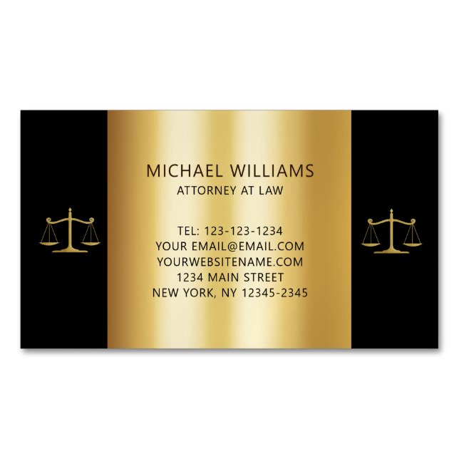 Cartão De Visitas Magnético Elegante Dourado na Black Scales of Justice Lawyer (Frente)