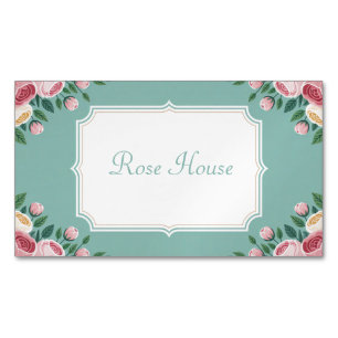 Cartão De Visitas Magnético Elegante Flor de Rosa Rosa Vintage Verde Teal