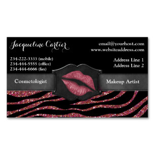 Cartão De Visitas Magnético Elegante Marsala Zebra Glitter Kiss Cosmetólogo