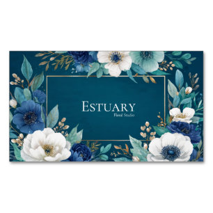 Cartão De Visitas Magnético Elegante Moldura Azul-Navy Branco Anêmona Verde-ág