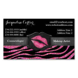 Cartão De Visitas Magnético Elegante Zebra Rosa Glitter Kiss Cosmetólogo