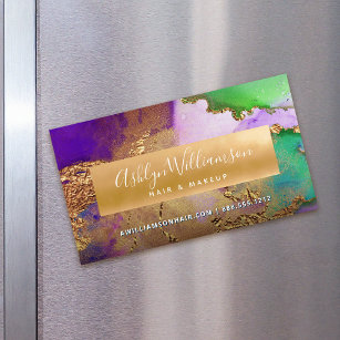 Cartão De Visitas Magnético Estilista verde roxa de cor dourada do mármore mod