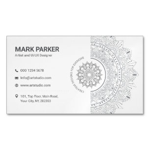 Cartão De Visitas Magnético Estúdio de Arte de Mandala Elegante Branco Criativ