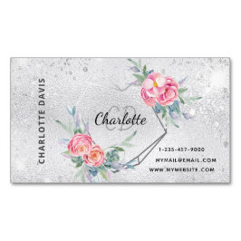 Cartão De Visitas Magnético Febre prateada cor-de-rosa maquiagem floral beleza
