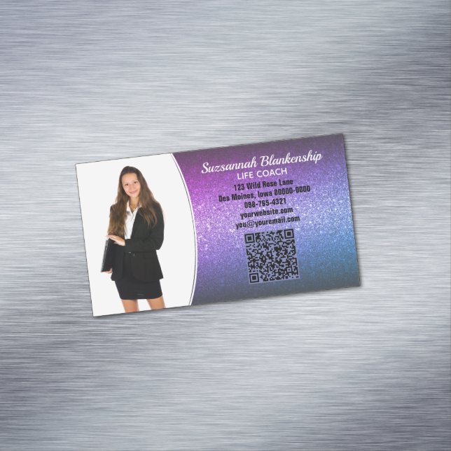 Cartão De Visitas Magnético Foto personalizada QR de folheto Roxo profissional (Posição Original)