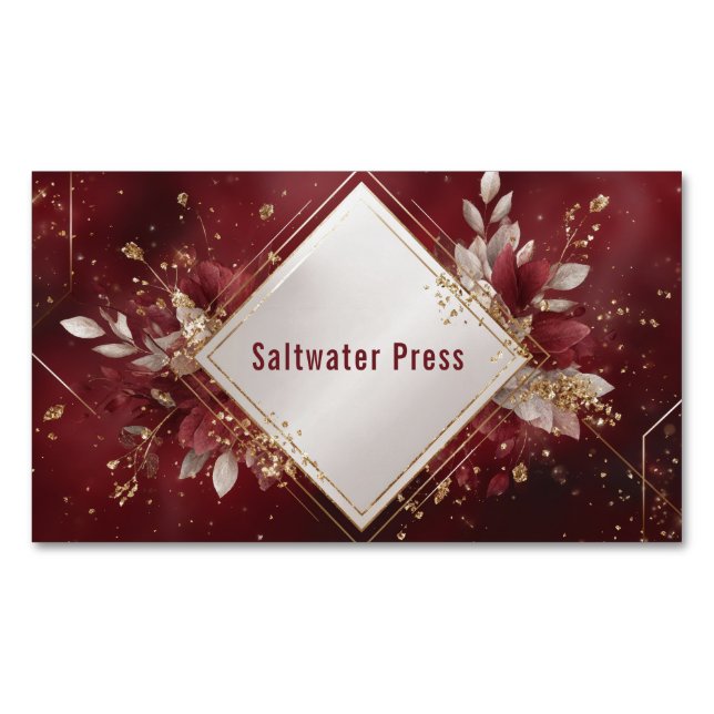 Cartão De Visitas Magnético Geometric Gold Diamond Frame Burgundy Floral (Frente)