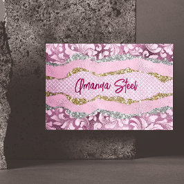 Cartão De Visitas Magnético Gliteria floral Elegante Monograma cor-de-rosa púr