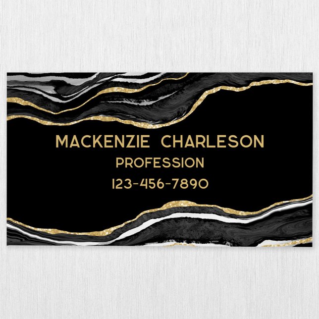 Cartão De Visitas Magnético Glitor Dourado do Gato de Marble Preto (Black agate marble geode gold glitter effect magnetic business card)