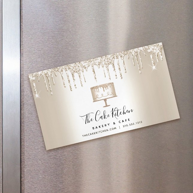 Cartão De Visitas Magnético Glitter Dourado Pingos de bolo padaria pastelaria (Criador carregado)
