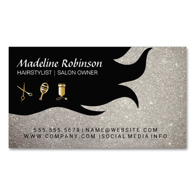 Cartão De Visitas Magnético Glitter | Kit Glamor Stylist | Cabelo e beleza (Frente)