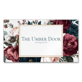 Cartão De Visitas Magnético Gothic Moody Floral Burgundy Teal Rose Gold Frame