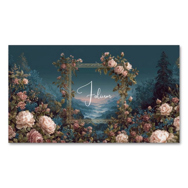 Cartão De Visitas Magnético Gothic Moody Rose River Landscape Gold Frame (Frente)