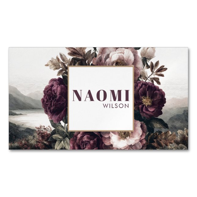 Cartão De Visitas Magnético Gothic Purple Peony Lake Landscape Gold Frame (Frente)