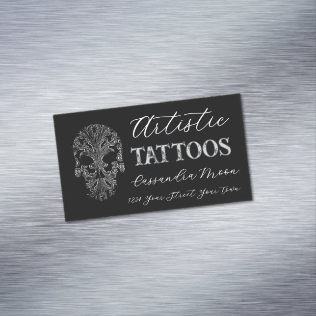 Cartão De Visitas Magnético Gótico Filigree Skull Tatoo Studio (Posição Original)