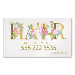 Cartão De Visitas Magnético Hair salon gold floral cor-de-rosa telefone