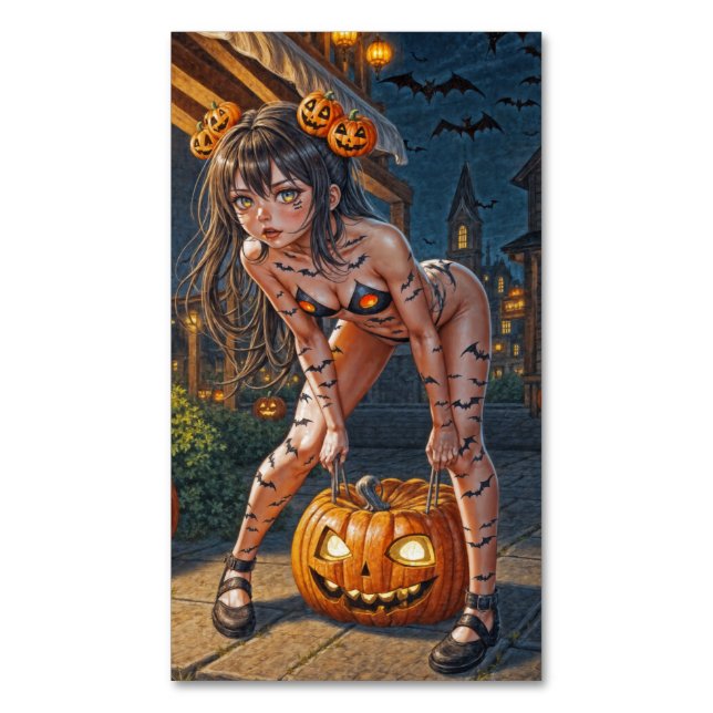 Cartão De Visitas Magnético Halloween Monster Jack-o-Lanterna e Bat Vixen Girl (Frente Vertical)