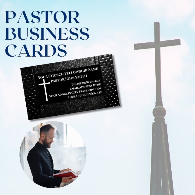 Cartão De Visitas Magnético Igreja Pastor Negra-Couro Cristão (Modern Black on Black Version: Pastor Church Business Cards)