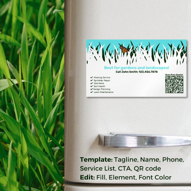 Cartão De Visitas Magnético 🌿 🦋 Jardim de Saúde: Serviço de Cuidados Profiss (Garden Health: Professional Lawn Care Service Business Card Magnet)