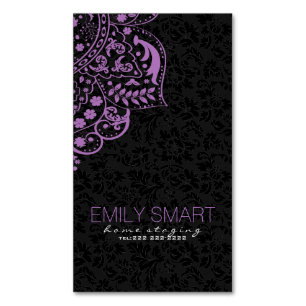 Cartão De Visitas Magnético Lace da Vintage Roxo dos Damascos Pretos Elegantes