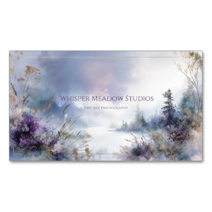 Cartão De Visitas Magnético Lago Nebuloso Sereno Floral Roxo Brilho Dourado